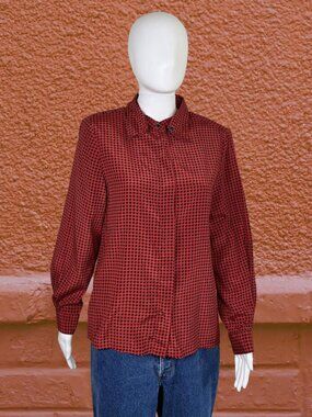 Vintage Red Houndstooth Blouse‎ Long Sleeve Button Up Retro Top Small to Medium